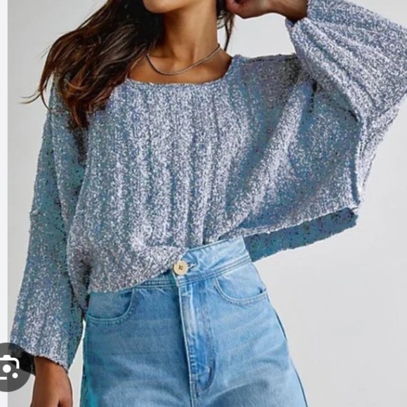 Free People Good Day Cropped Pullover Sweater. Blue/white Size Large - Picture 2 of 8